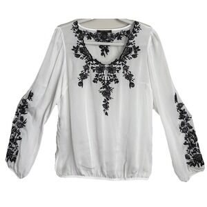 White House Black Market Blouse Womens Small/Medium Embroidered Boho Peasant Top